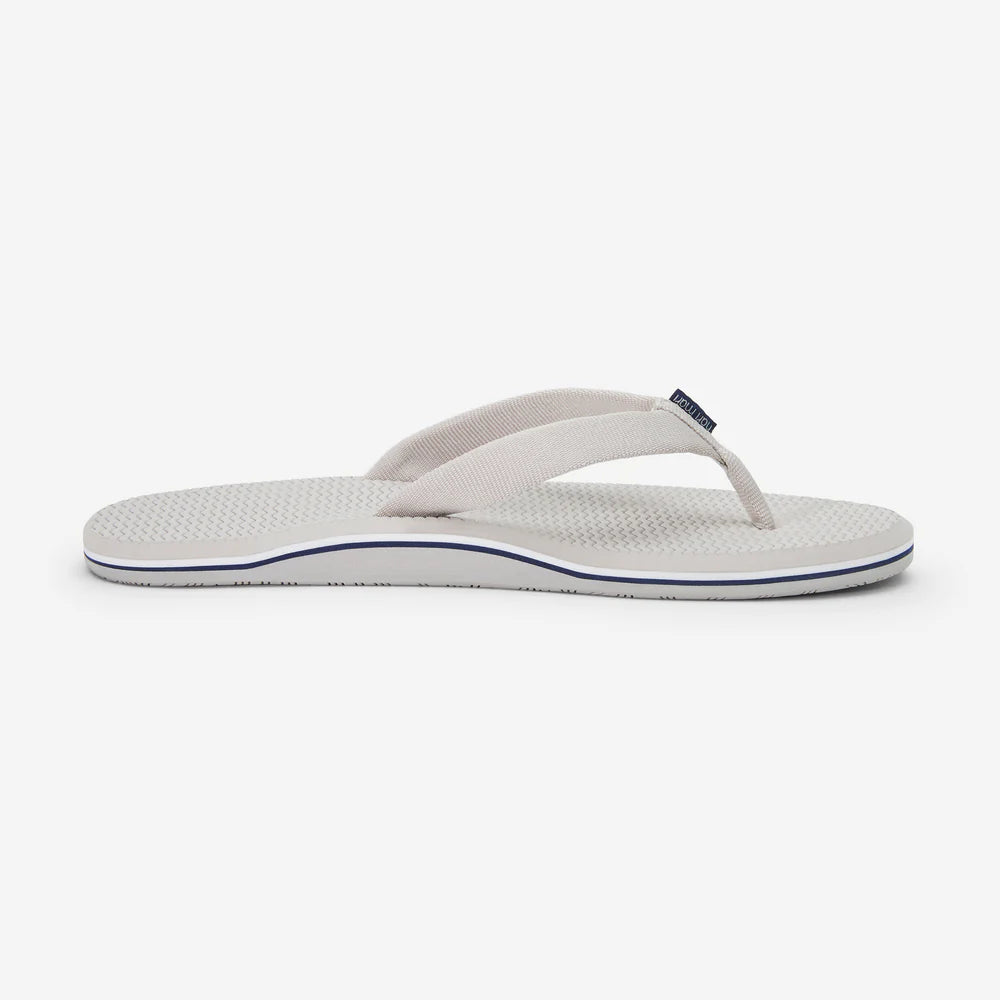 Profile shot of a light grey sandal on a white background