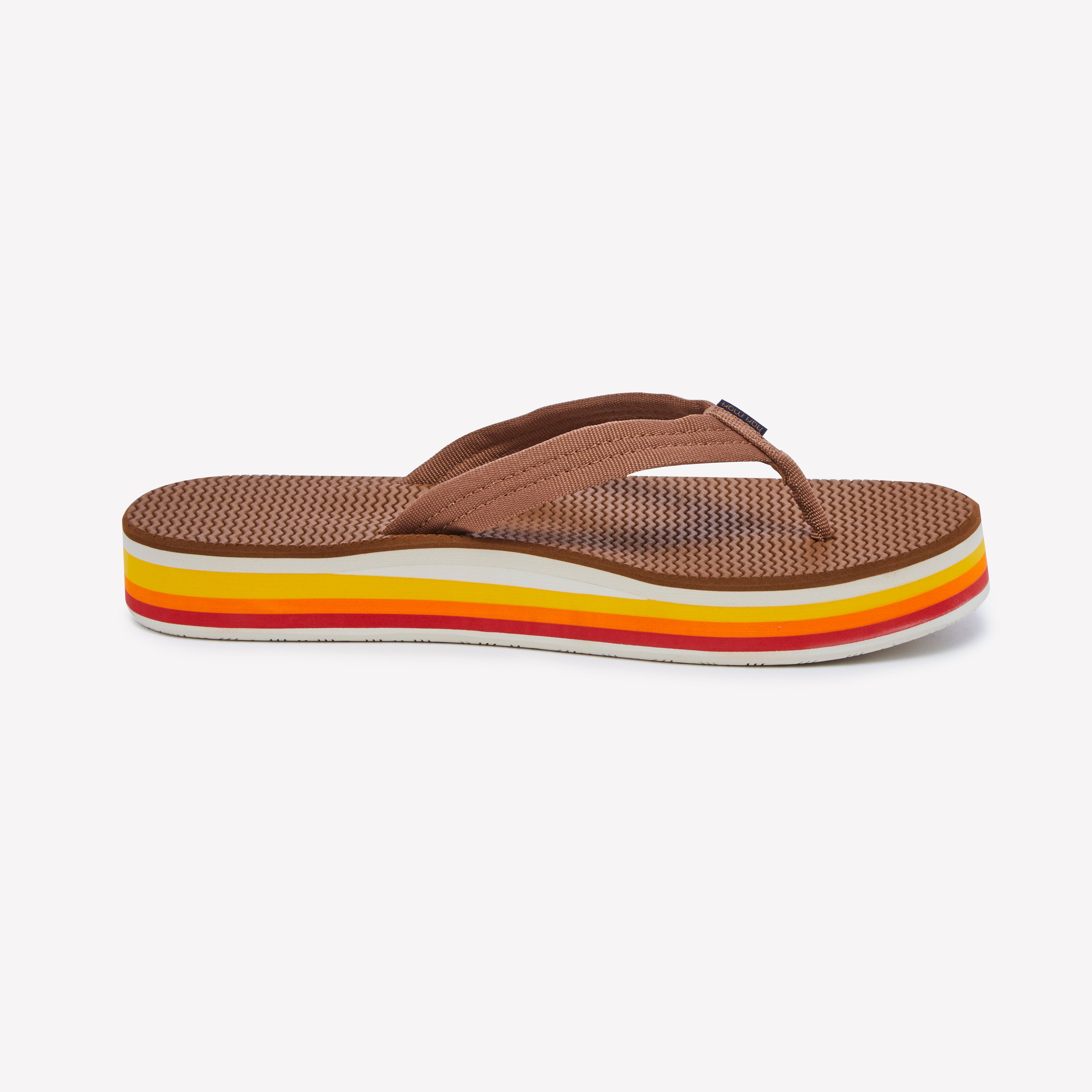 Brown flip-flop with colorful sole on a white background