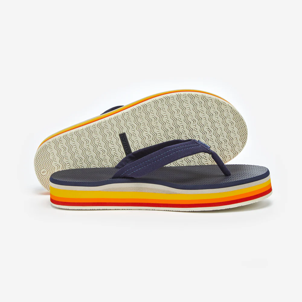 Flip-flop sandal with a multicolored sole on a white background