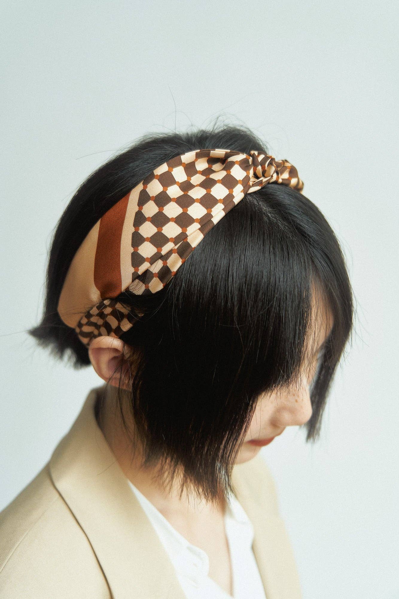 Lost Pattern NYC - "Checkerboard" Silk Twill Skinny Scarf  - Coffee