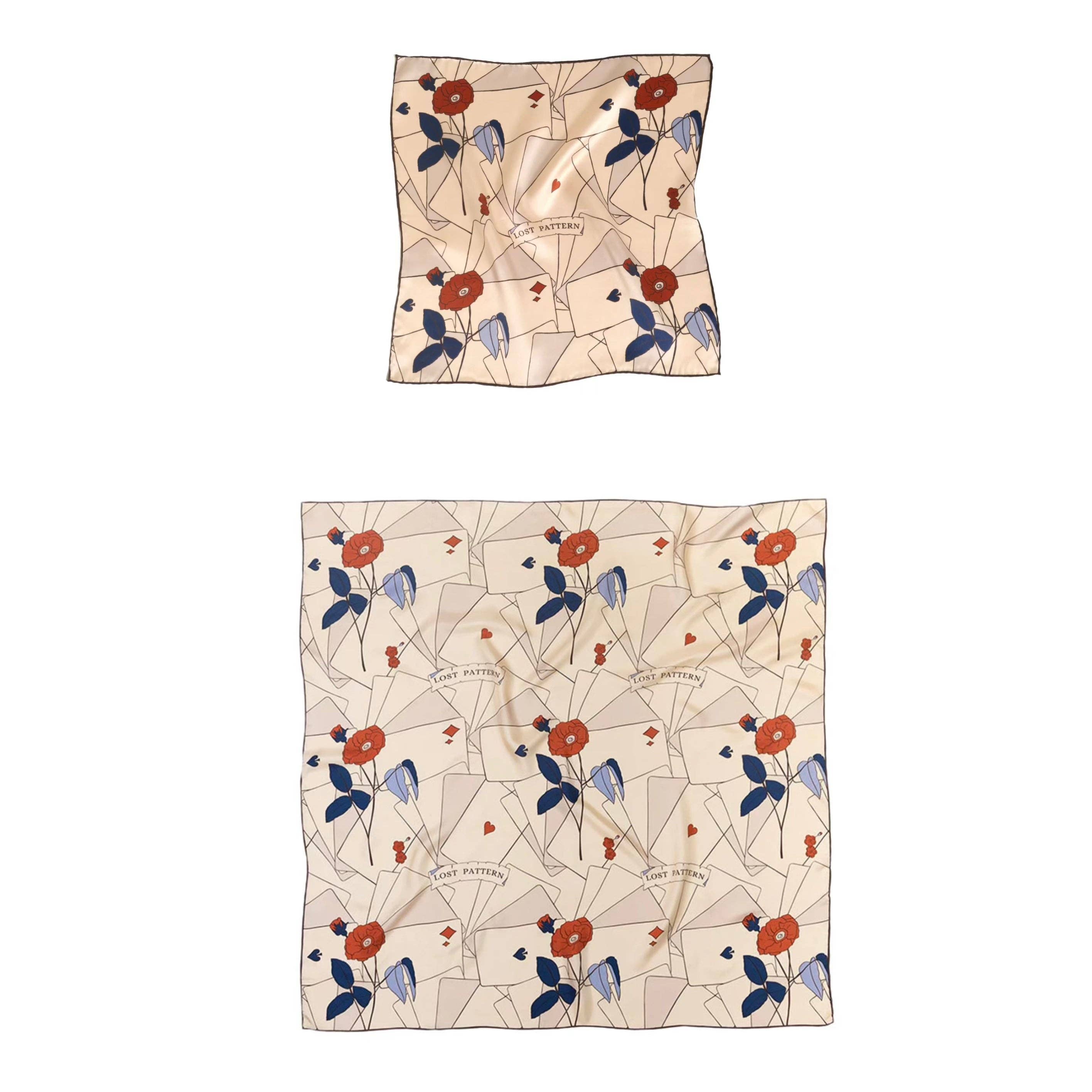 Lost Pattern NYC - "Camellia" Silk Pocket Square & Large Silk Scarf Set -Khaki
