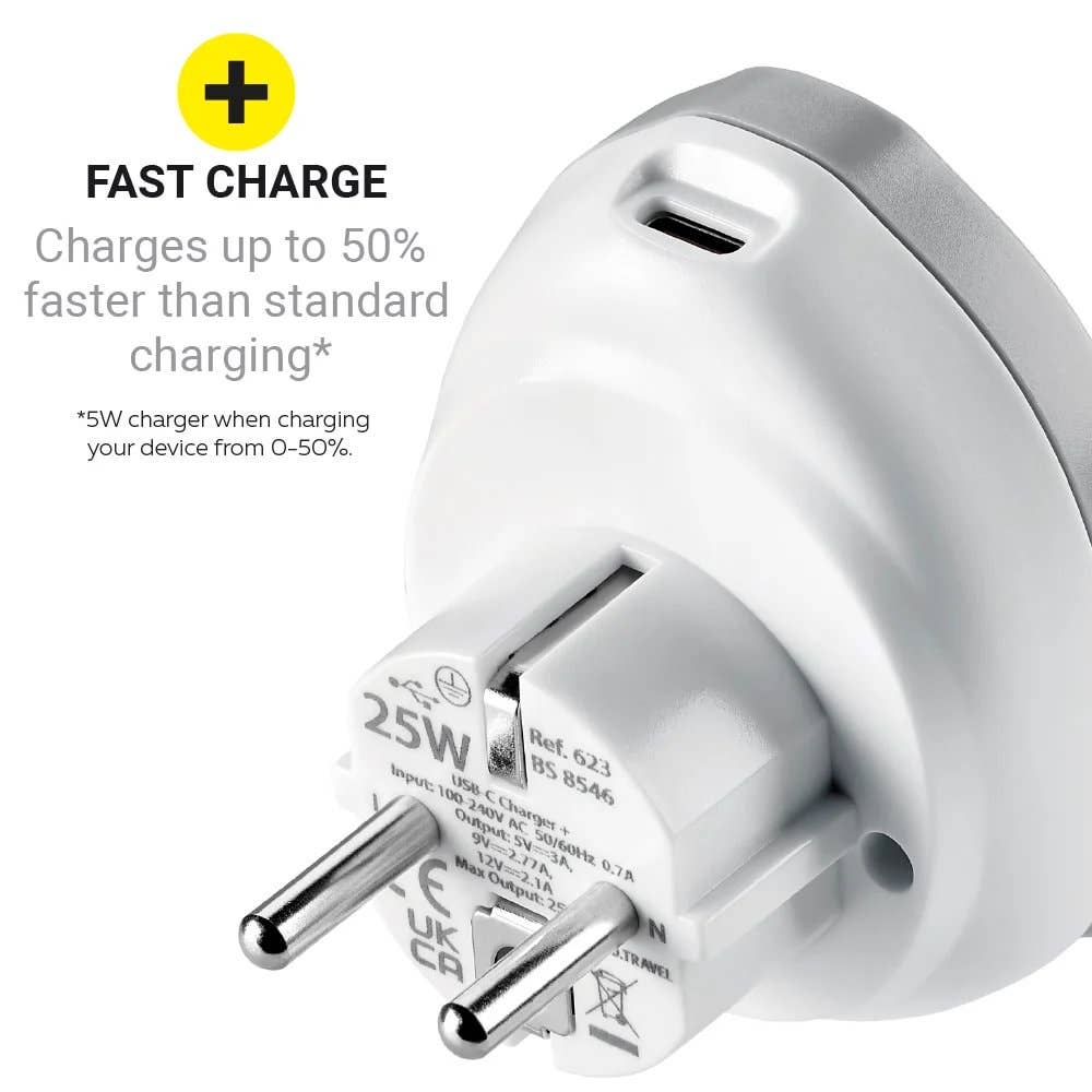 White USB charging adapter with text indicating fast charging capabilities on a white background