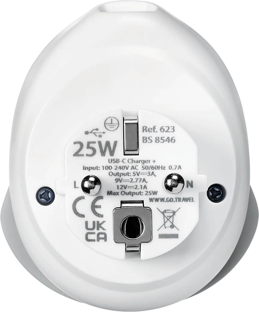White USB-C charger with technical specifications on a white background