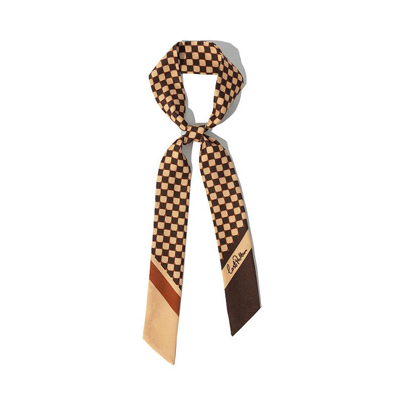 Lost Pattern NYC - "Checkerboard" Silk Twill Skinny Scarf  - Coffee