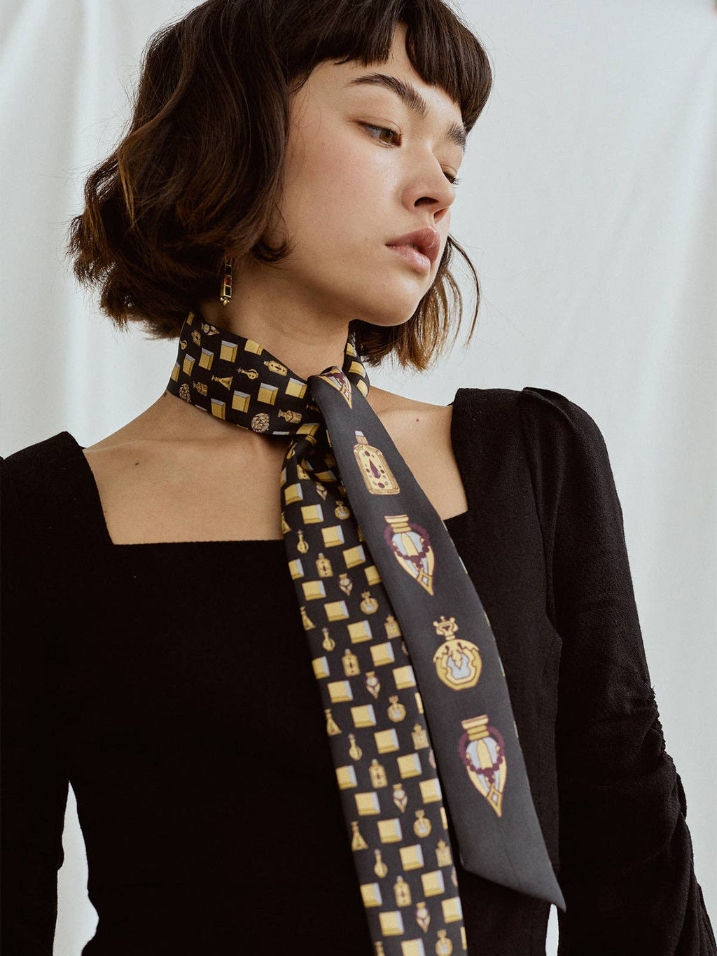 Lost Pattern NYC - "Amora" Silk Twill Skinny Scarf - Golden & Black