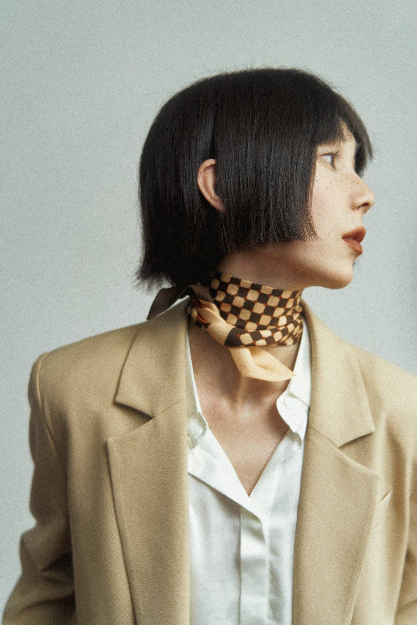 Lost Pattern NYC - "Checkerboard" Silk Twill Skinny Scarf  - Coffee