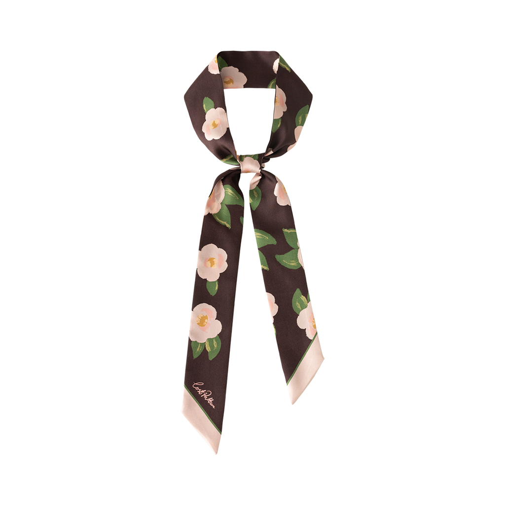 Lost Pattern NYC - "Camellia" Silk Twill Skinny Scarf - Dark Brown