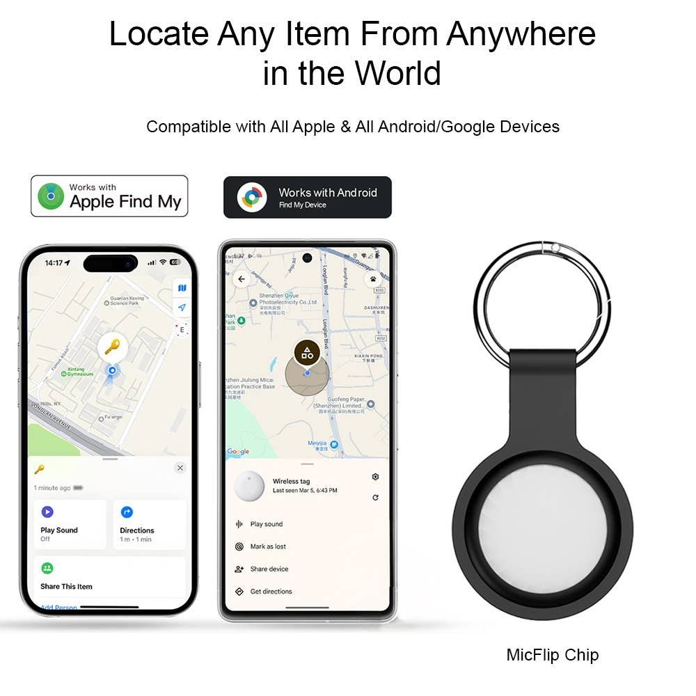 Smart tracking device with smartphone app interface and keychain attachment on a white background