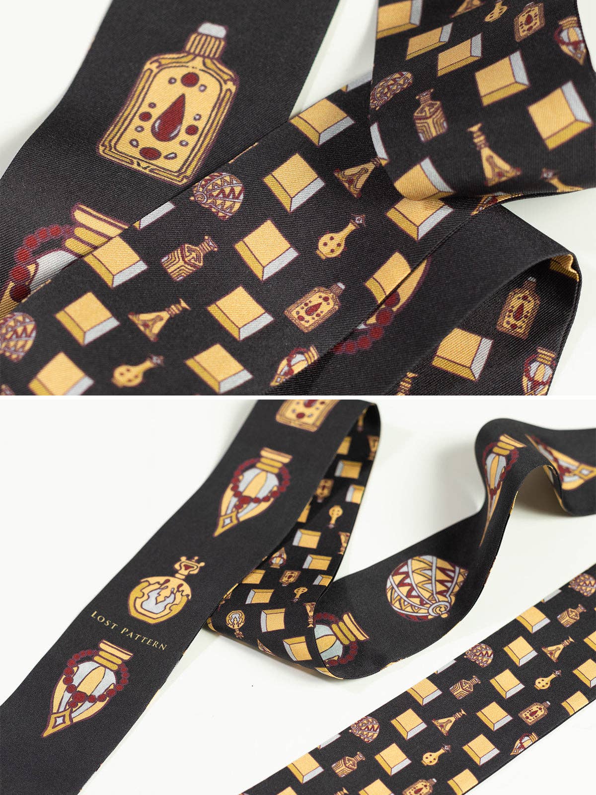 Lost Pattern NYC - "Amora" Silk Twill Skinny Scarf - Golden & Black