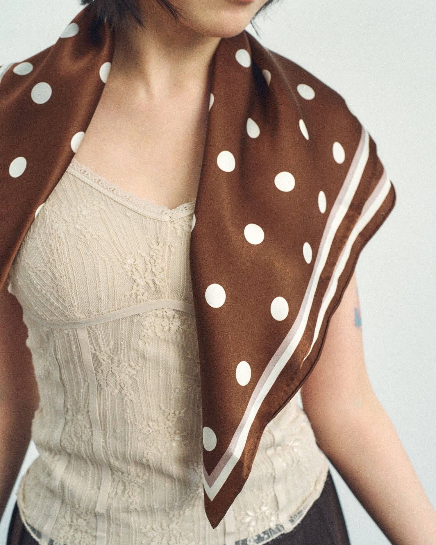 Lost Pattern NYC - "Retro Polka" Silk Bandana Scarf - Cafe Au Lait