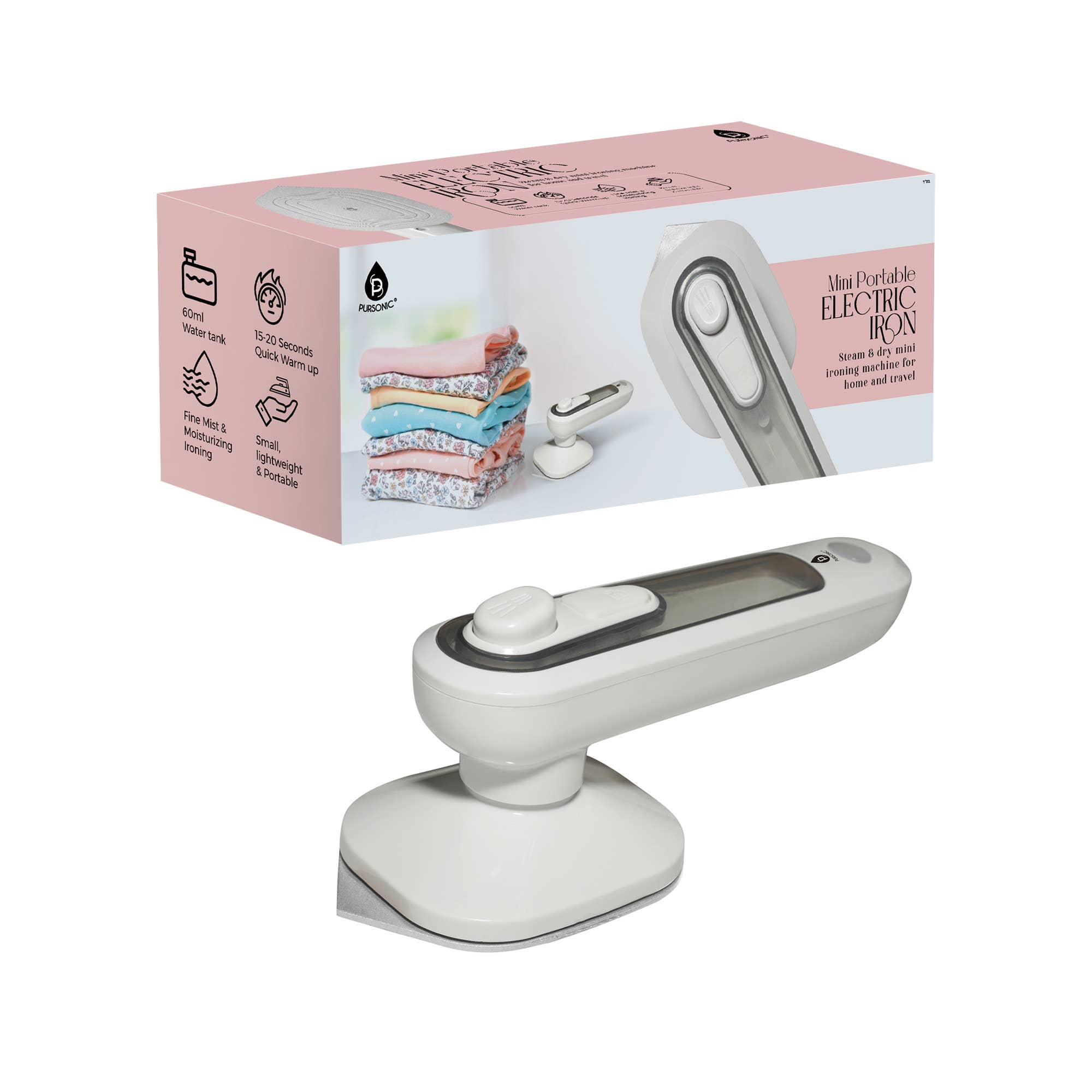 Pursonic - Mini Portable Electric Iron with Quick Warm-Up, 60ml Tank