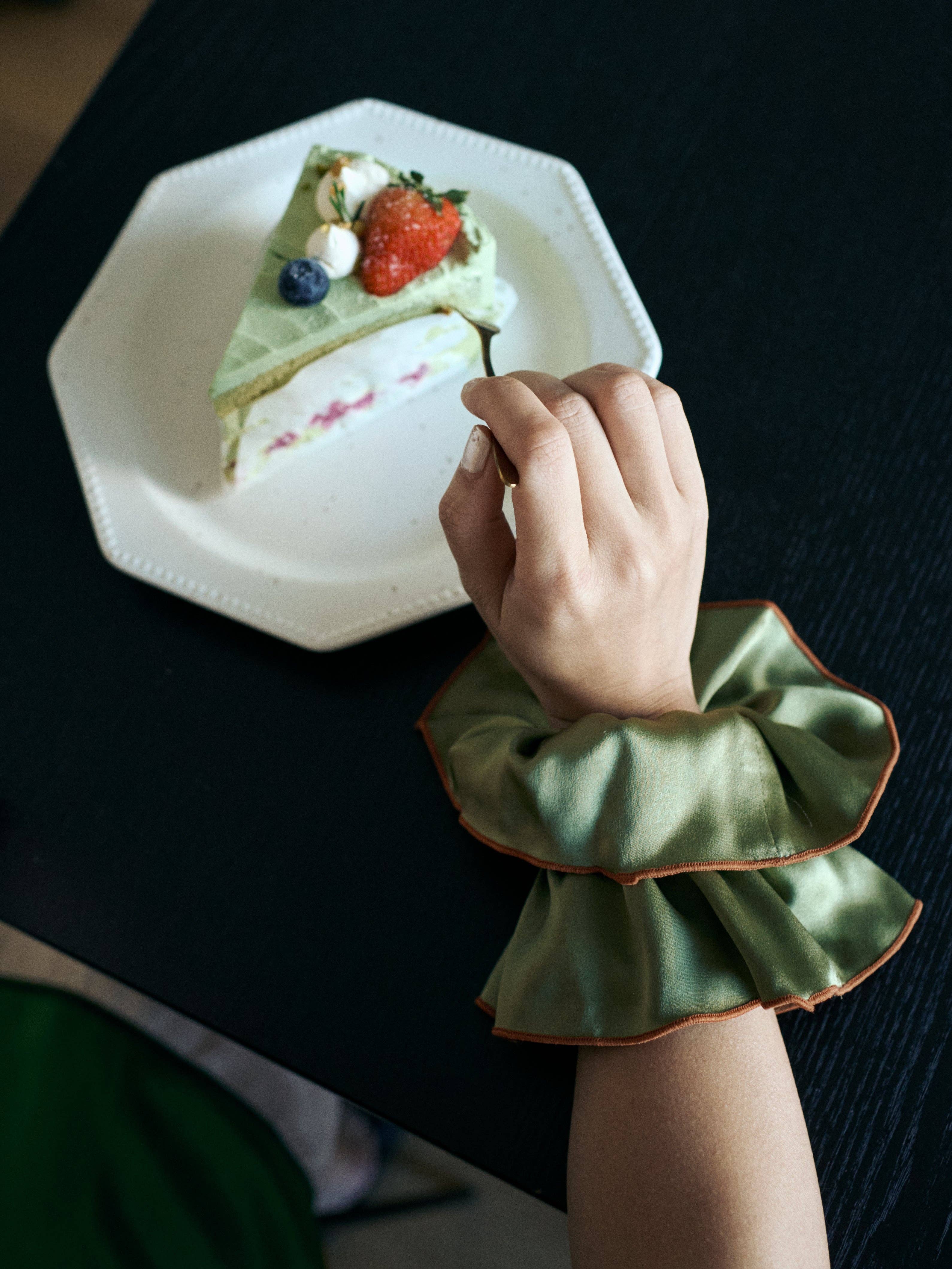 Lost Pattern NYC - "Maxi Flower" Double-Layer Oversized Silk Scrunchie - Martini Olive