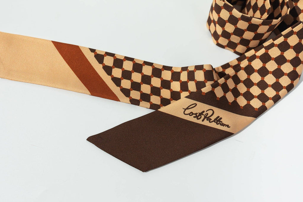 Lost Pattern NYC - "Checkerboard" Silk Twill Skinny Scarf  - Coffee