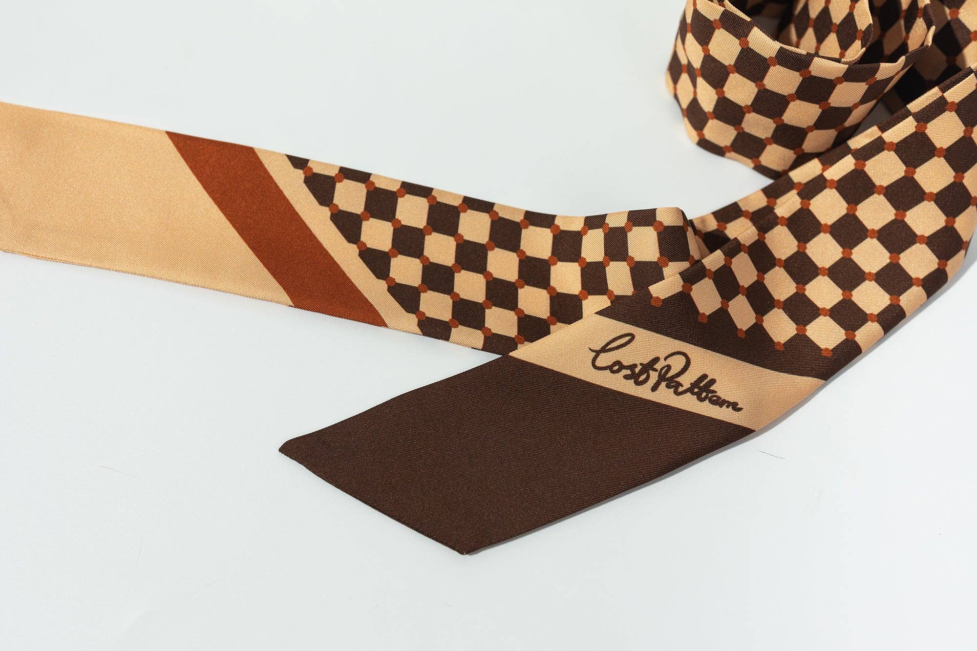 Lost Pattern NYC - "Checkerboard" Silk Twill Skinny Scarf  - Coffee