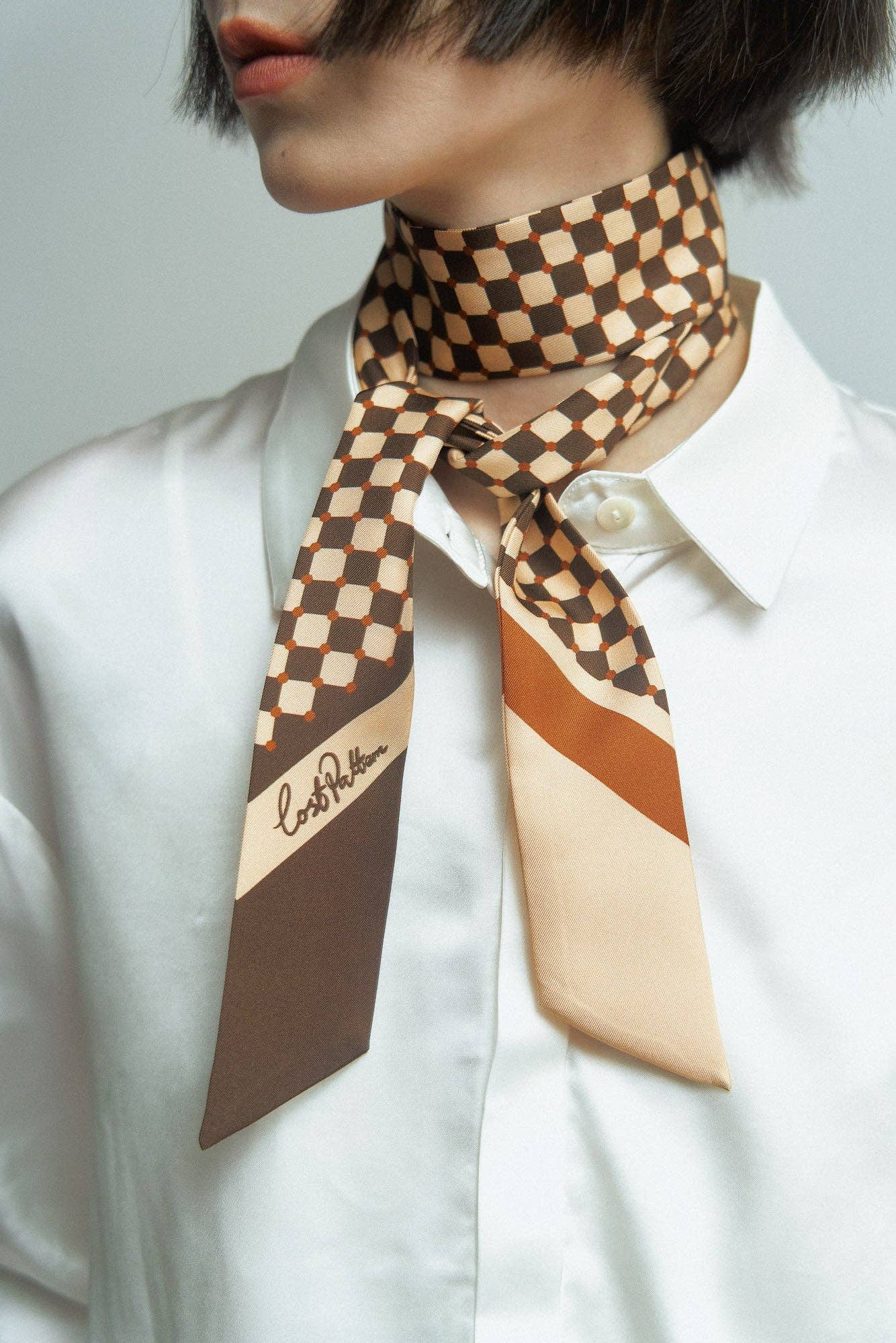 Lost Pattern NYC - "Checkerboard" Silk Twill Skinny Scarf  - Coffee