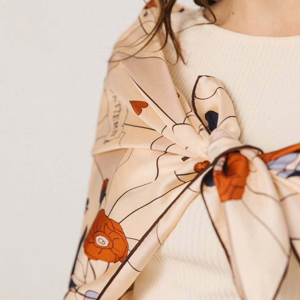 Lost Pattern NYC - "Camellia" Silk Pocket Square & Large Silk Scarf Set -Khaki