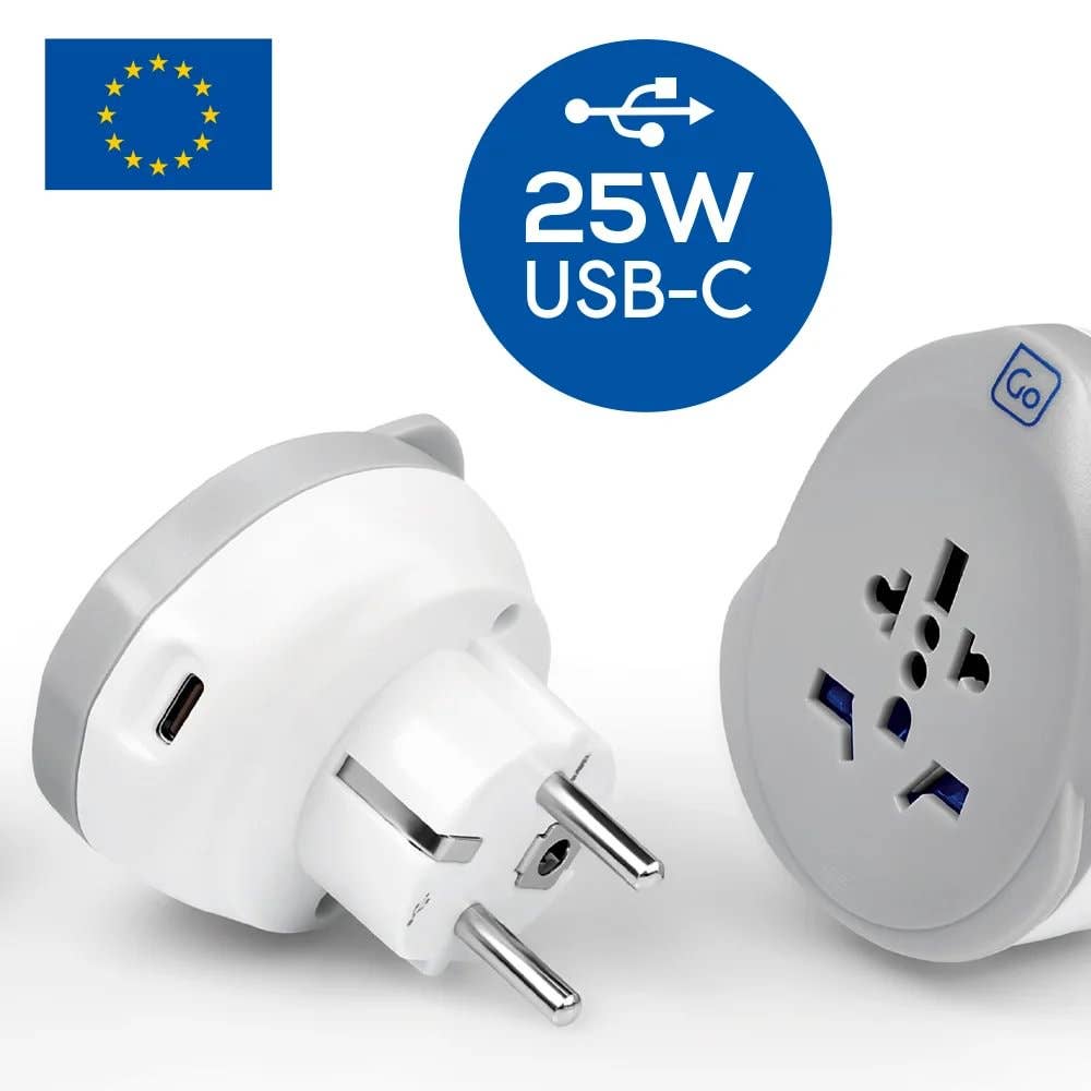 White travel adapter with USB-C port and EU plug, featuring a blue circle with '25W USB-C' text.